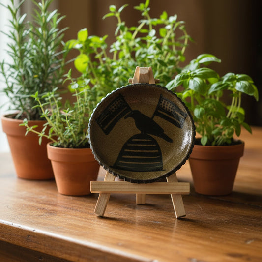 A small round ceramic plate with a black bird and striped pattern, displayed on a miniature wooden easel stand on a wooden table, surrounded by potted green herbs.