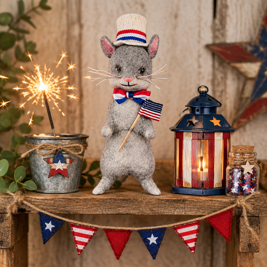 Papier mache mouse figurine holding a flag on a shelf with other patriotic miniatures.