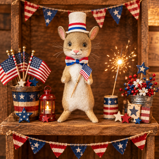 Papier mache miniature patriotic mouse on a shelf with other tiny primitives.