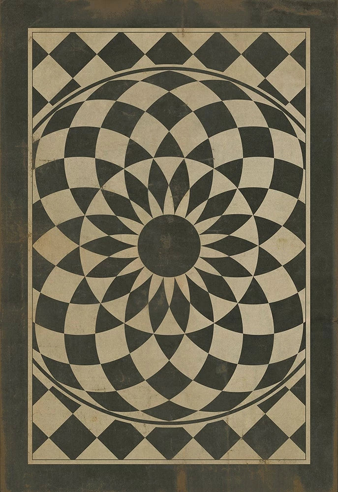 A vinyl floor cloth with a geometric pattern featuring a central star surrounded by alternating rows of diamonds and checkered designs, in black and beige tones.