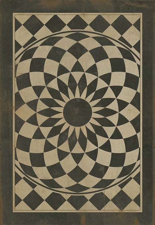A vinyl floor cloth with a geometric pattern featuring a central star surrounded by alternating rows of diamonds and checkered designs, in black and beige tones.