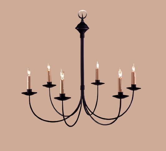 A traditional six-light wrought iron chandelier in a black finish.