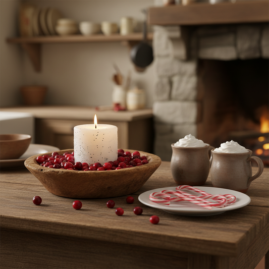 Candle in a wooden bowl with berries, two mugs of hot chocolate, and candy canes on a wooden table in a cozy room.