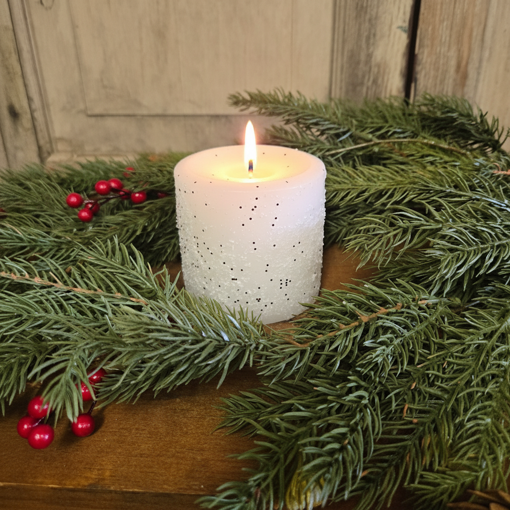White candle with a wooden base surrounded by greenery and red berries on a wooden surface.