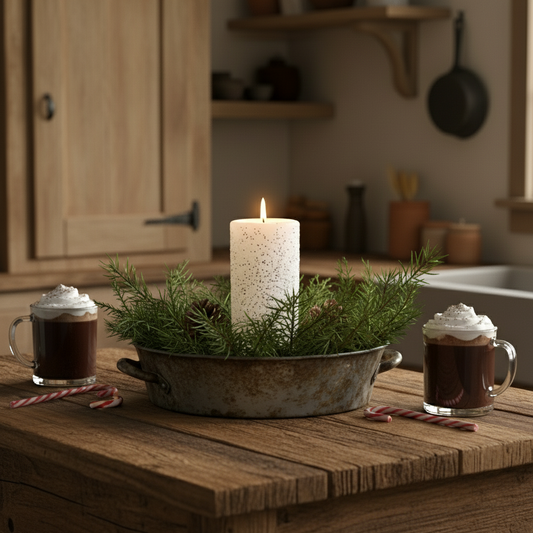 Candle and hot chocolate on a wooden table in a cozy kitchen setting