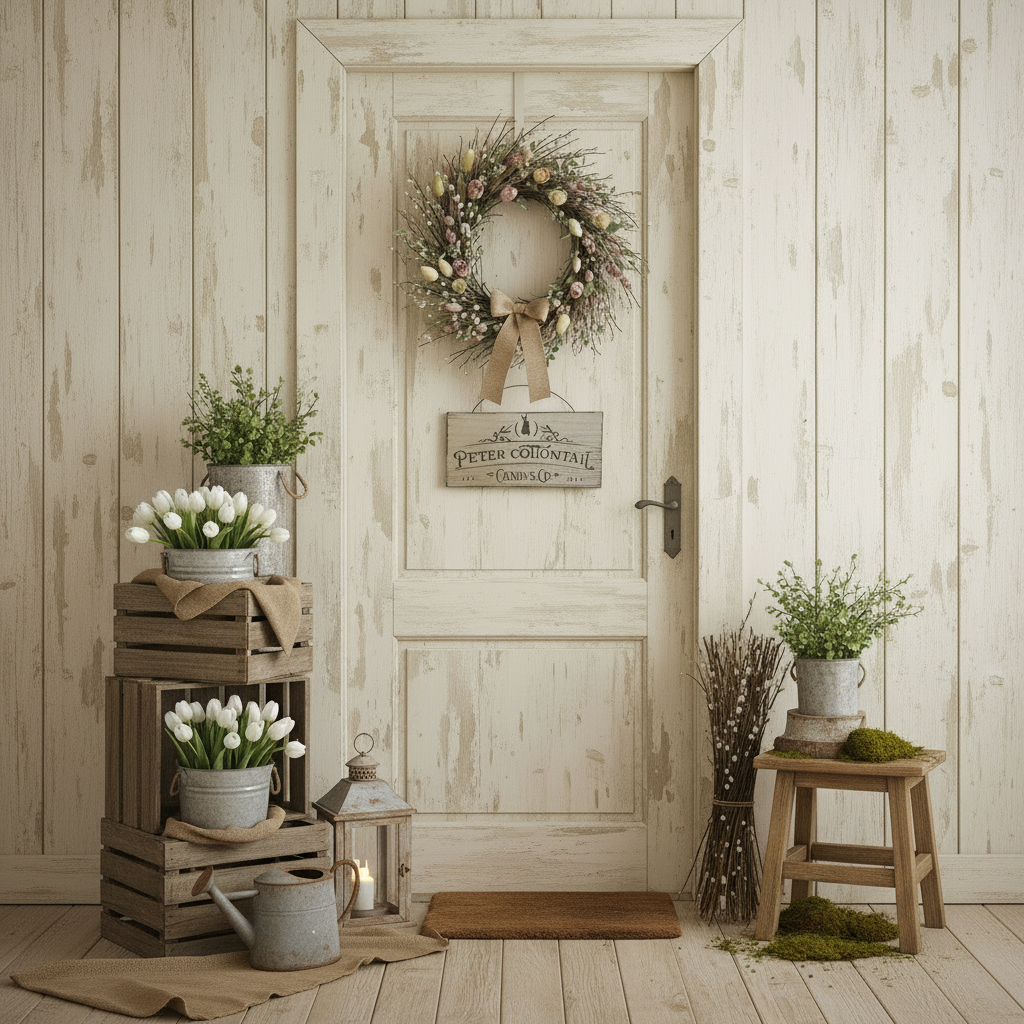 Decorative entrance with wreaths, plants, and a sign on a wooden door.
