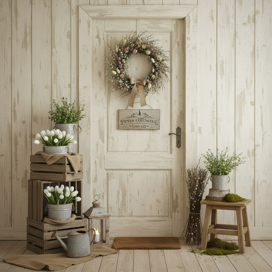 Decorative entrance with wreaths, plants, and a sign on a wooden door.
