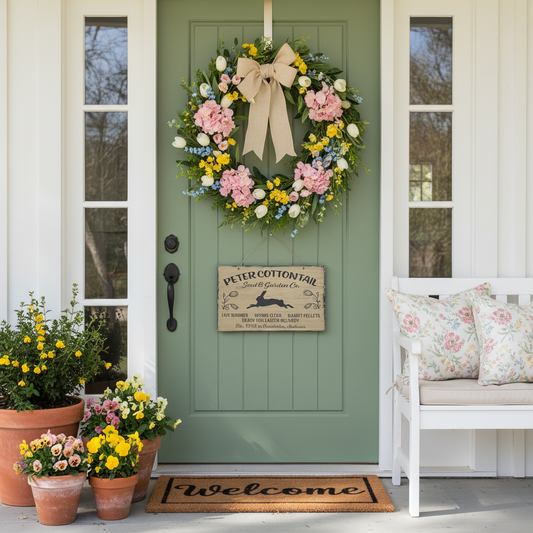 Green front door with floral wreath, potted plants, and welcome mat on a porch.