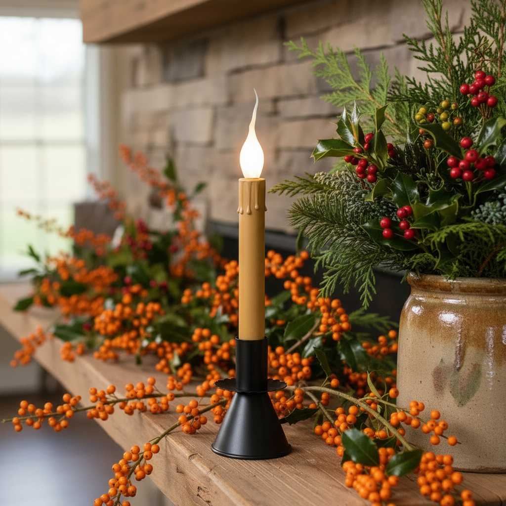 Decorative candle on a mantle with greenery and berries