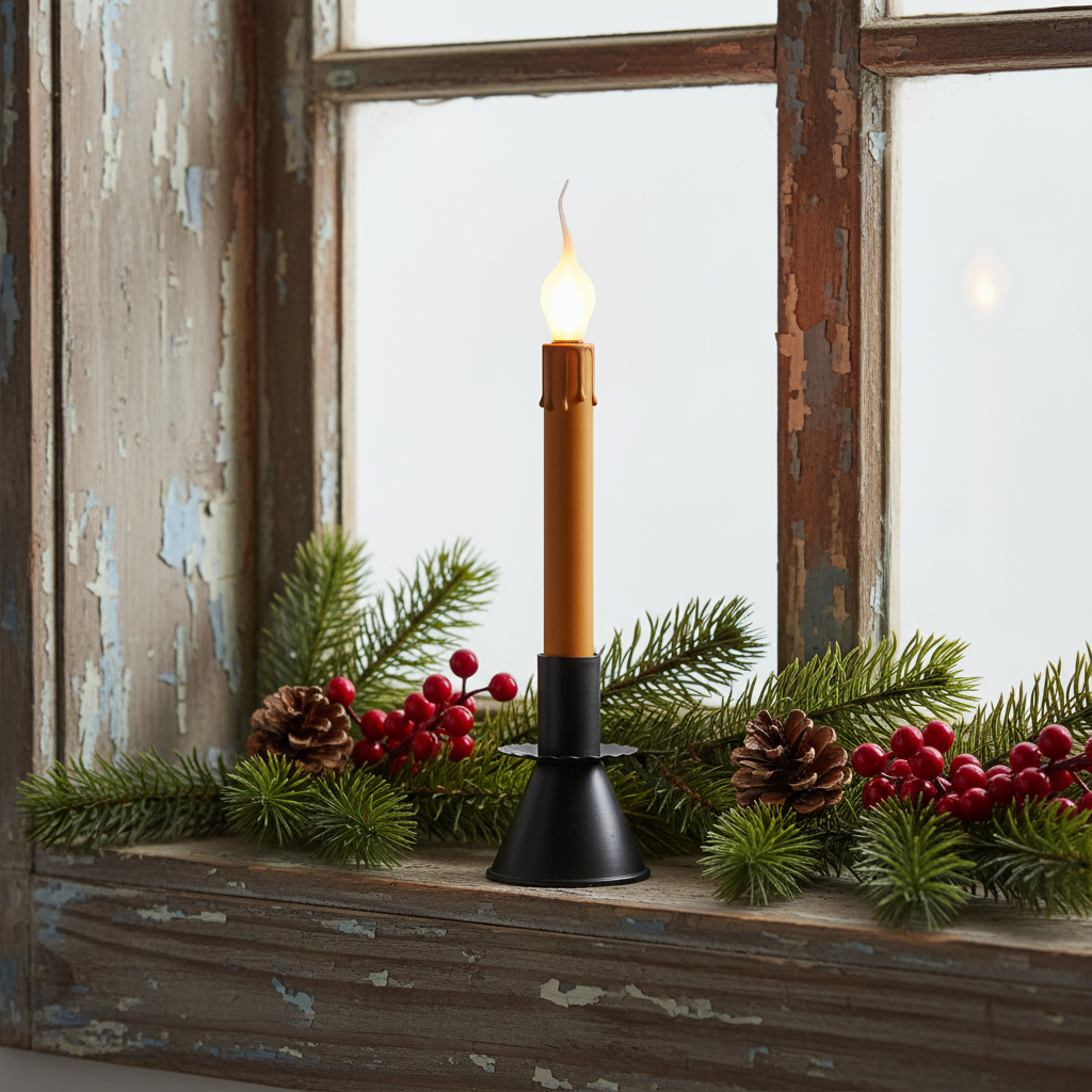 Decorative candle with greenery and berries on a rustic window sill.