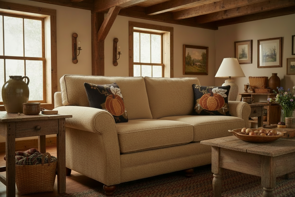 Cozy living room with beige sofa, wooden coffee table, and decorative elements.