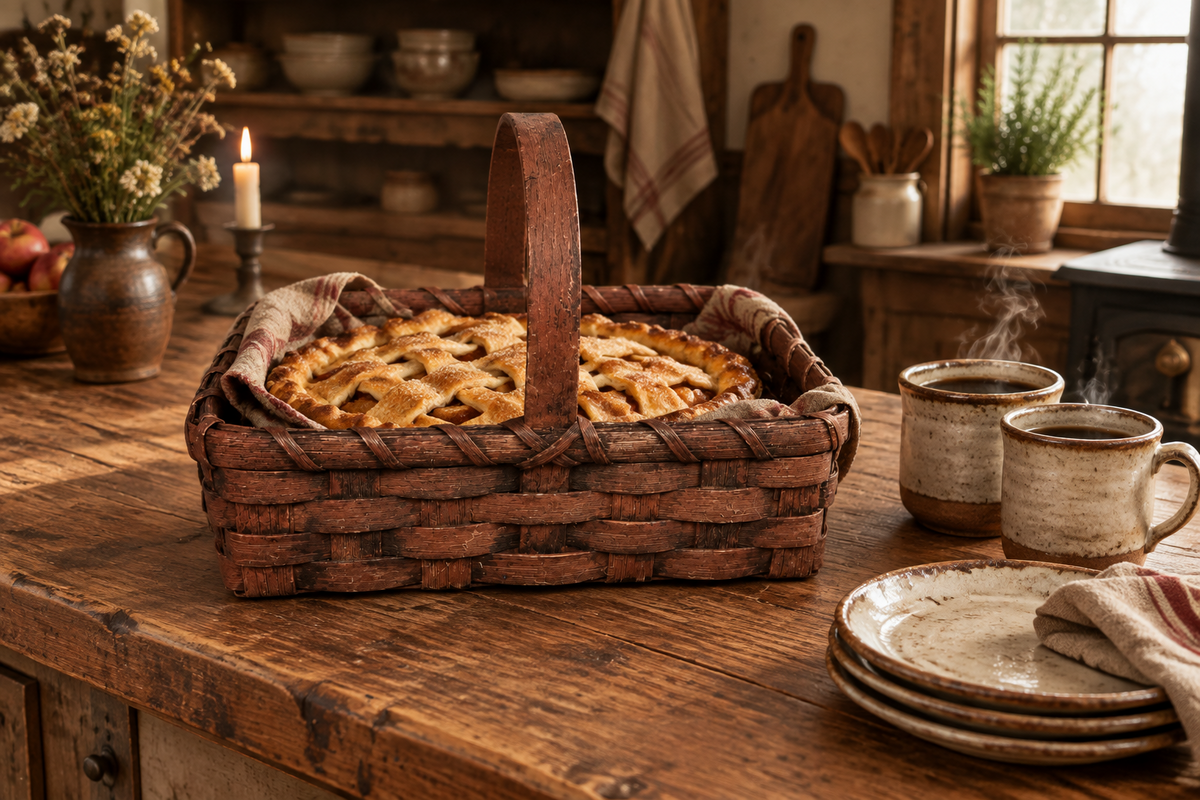 Basket with a pie, dessert plates, and coffee on an antique table.