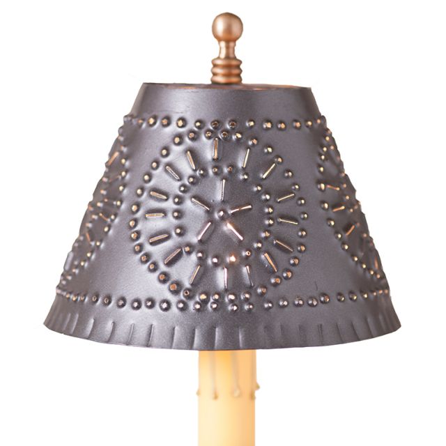 A smokey black chisel punched tin design chandelier shade with a clip harp for E12/Candelabra bulbs.