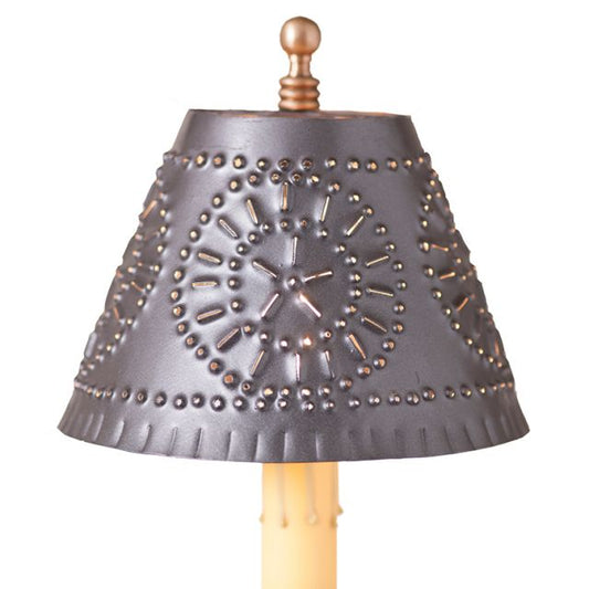 A smokey black chisel punched tin design chandelier shade with a clip harp for E12/Candelabra bulbs.