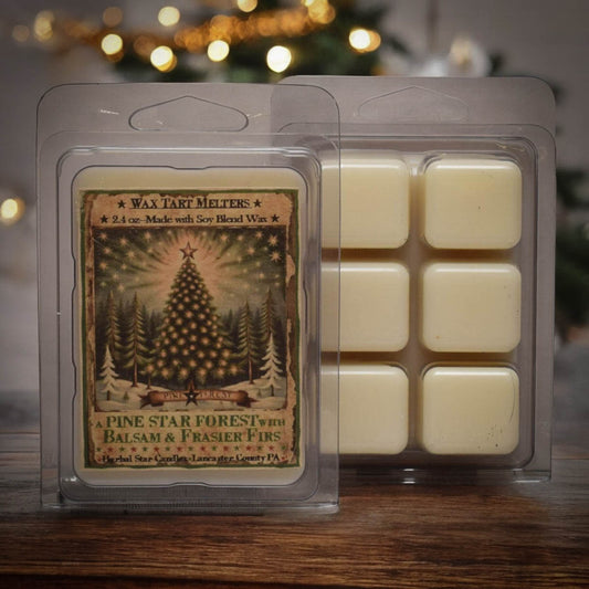 A pack of six beige wax tarts with a 'Pine Star Forest' label, displayed in a clear plastic clamshell packaging with a decorative design.