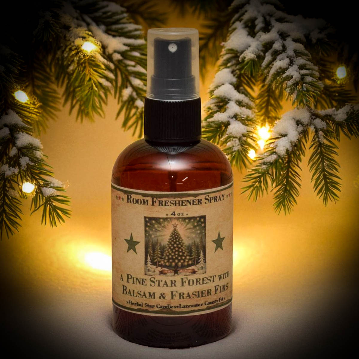 Room freshener spray bottle with a pine tree label against a festive background with lights and branches.