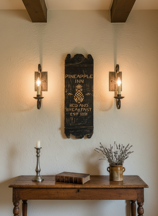 Wooden sign for Pineapple Inn Bed and Breakfast above a wooden table with decor items.