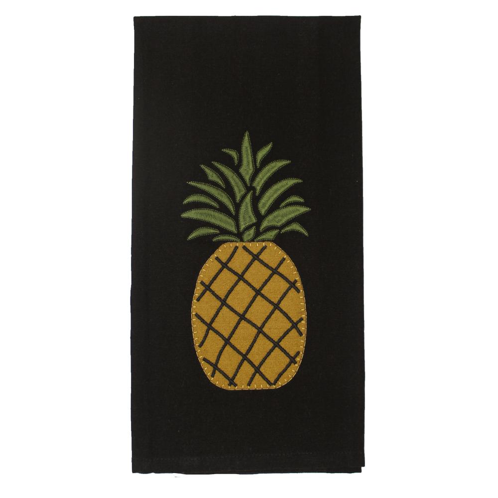 Black towel with a yellow pineapple design on a white background