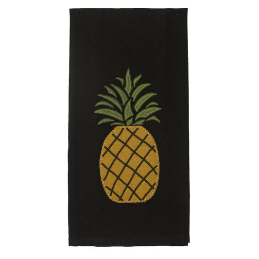 Black towel with a yellow pineapple design on a white background