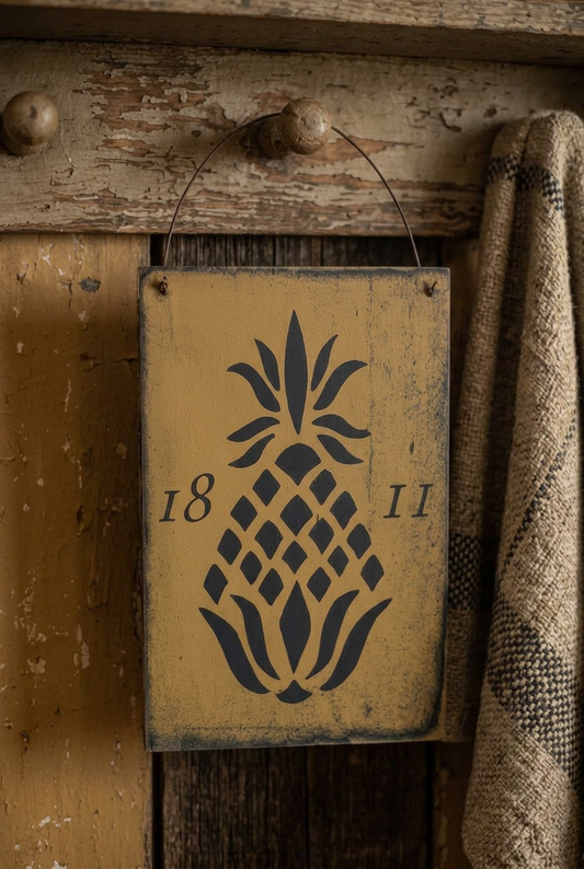 Pineapple wood plaque hanging from peg shelf.