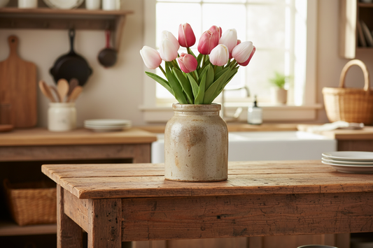 Vase with pink tulips on a wooden table in a kitchen