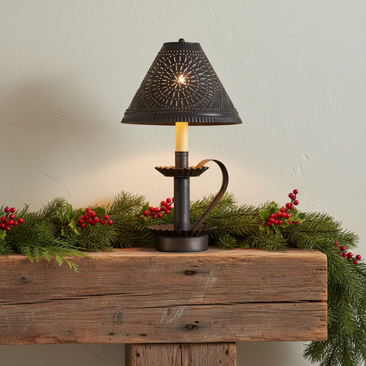 Decorative lamp with wicker shade on a wooden surface with greenery and berries.
