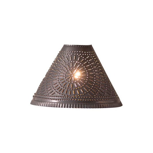 A black plantation shade with chisel punching designed for smaller accent lamps, featuring a clip harp and a finial.