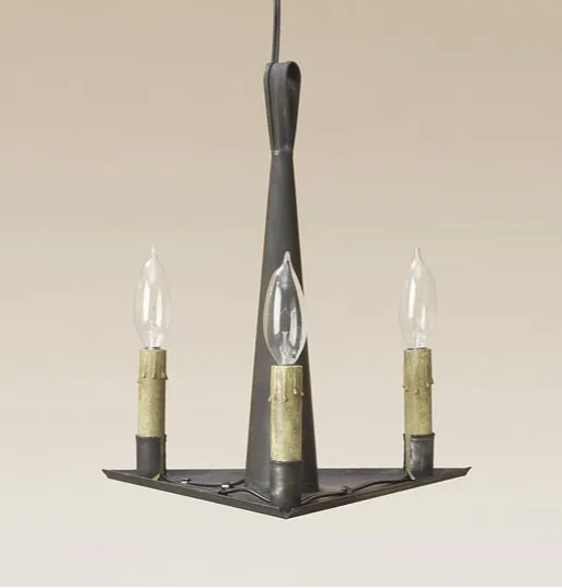 A hanging ceiling light fixture with three bulb holders and clear glass bulbs, finished in black.