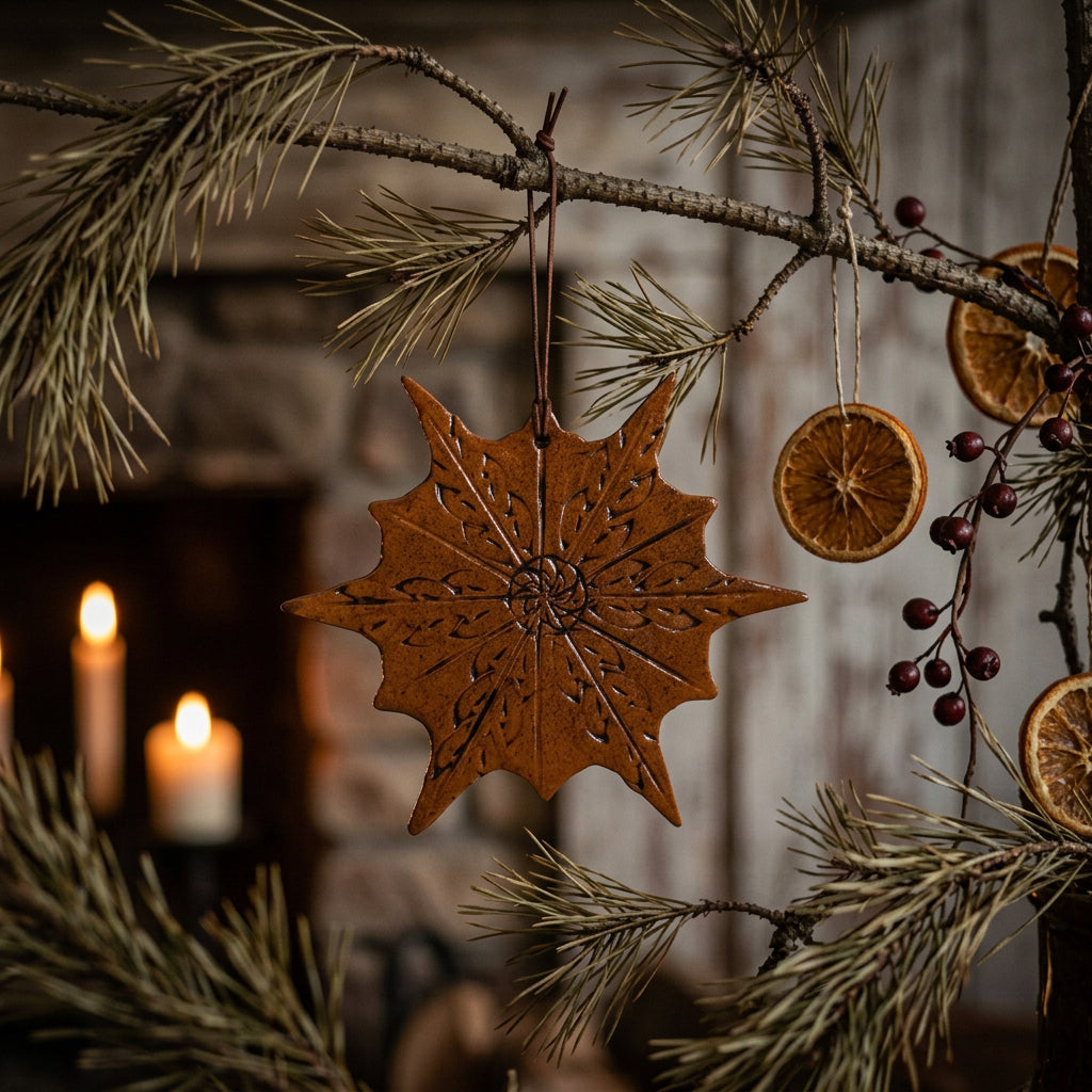 Pointed snowflake-shaped redware ornament with a glossy brown glaze, etched branching patterns, and a hanging cord.