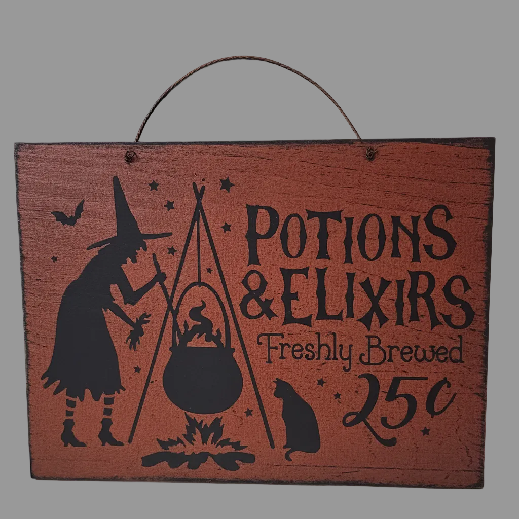 Wooden sign with witch, cauldron, and cat illustration and text 'Potions & Elixirs Freshly Brewed 25c' on a gray background.