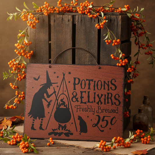 Wooden sign with witch and potion design, surrounded by orange berries and leaves on a rustic background.