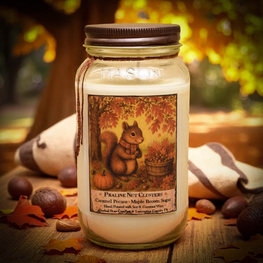 A mason jar candle labeled 'Praline Nut Clusters' sits on a wooden surface outdoors, surrounded by acorns, leaves, and a soft blurred autumn background. The jar has a brown lid, cream-colored wax, and a front label showing a squirrel under fall leaves.