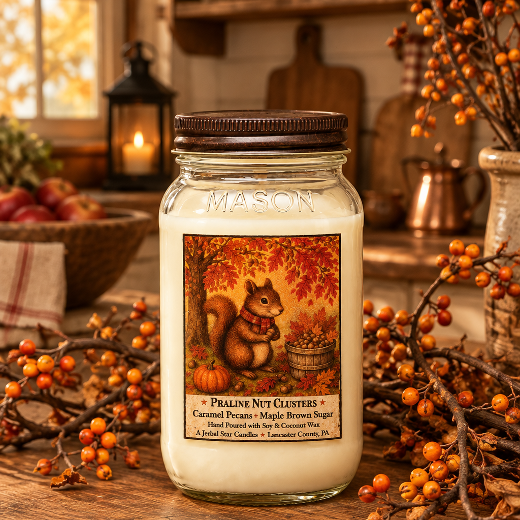 A mason jar candle labeled 'Praline Nut Clusters' sits on a rustic wooden table in a cozy kitchen setting, surrounded by orange berries and warm background decor.