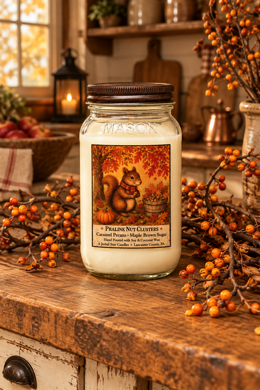 A mason jar candle labeled 'Praline Nut Clusters' sits on a rustic wooden table in a cozy kitchen setting, surrounded by orange berries and warm background decor.