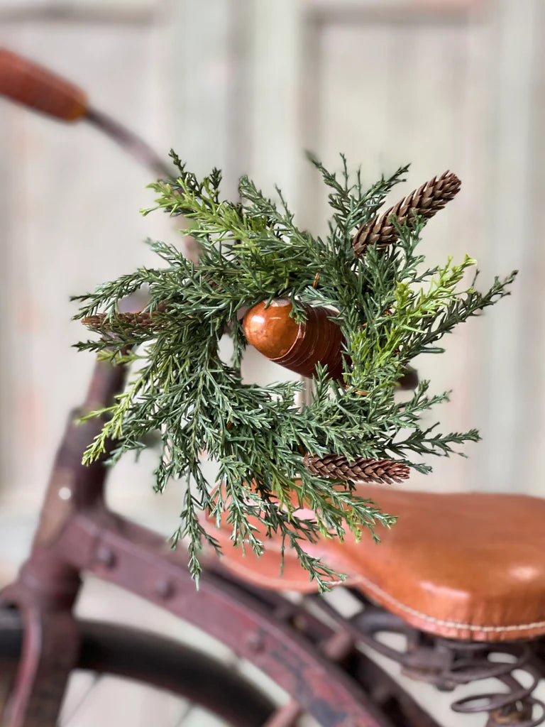 Green wreath with pine cones on a bicycle seat