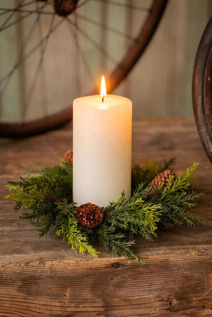 Prickly pine candle ring around a cream colored lit candle with bicycle tire in background.