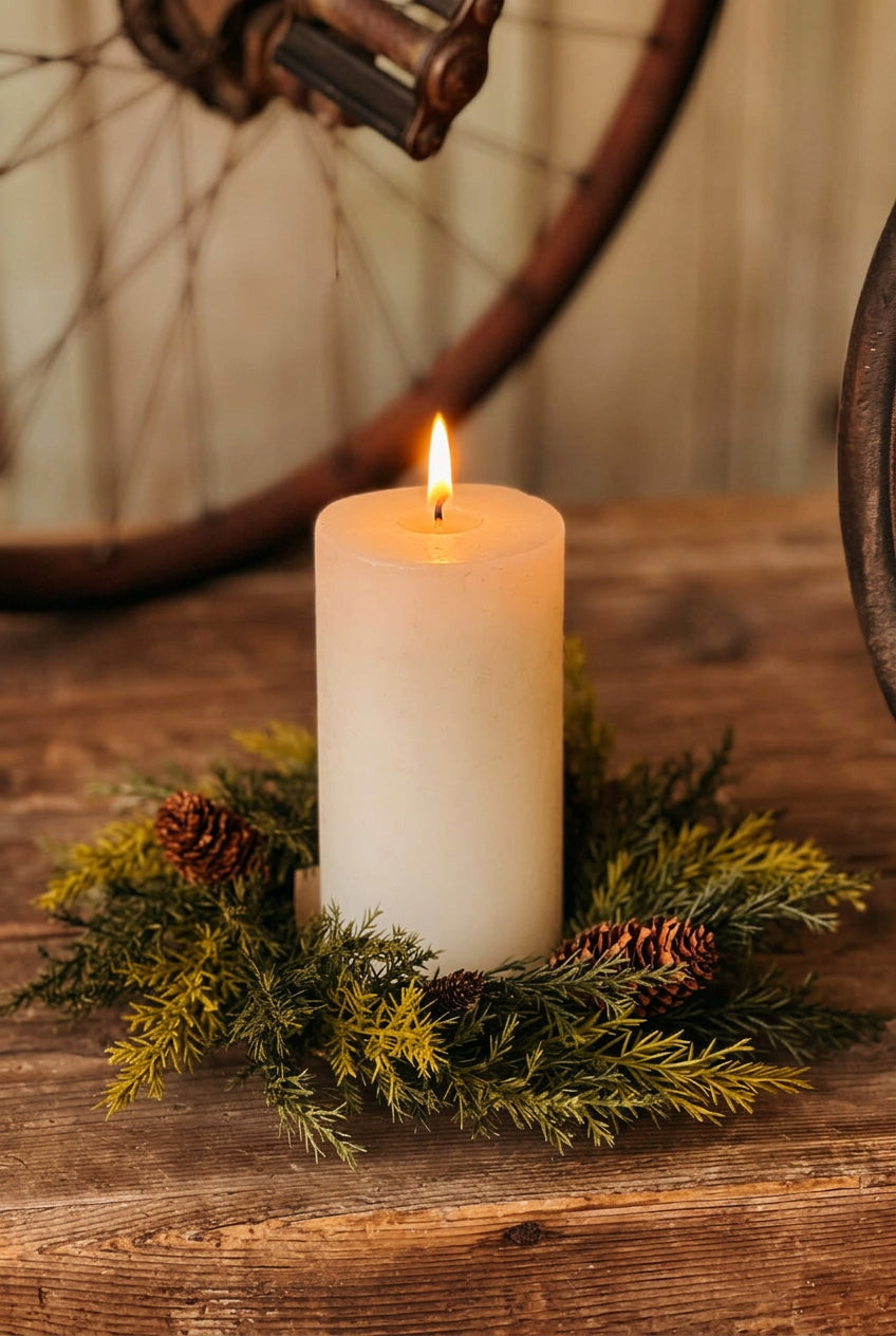 Prickly pine candle ring around a cream colored lit candle with bicycle tire in background.