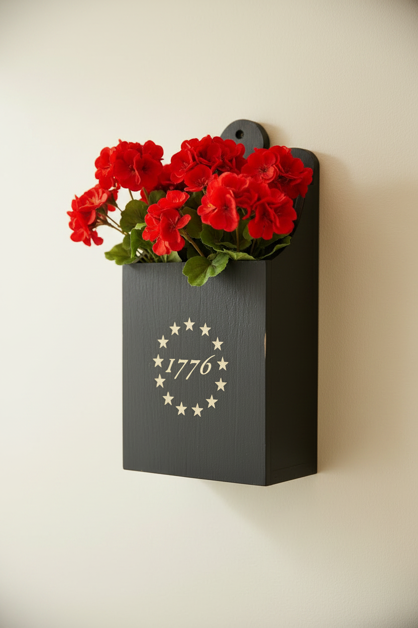 Wall-mounted planter with red flowers and '1776' design on a plain background