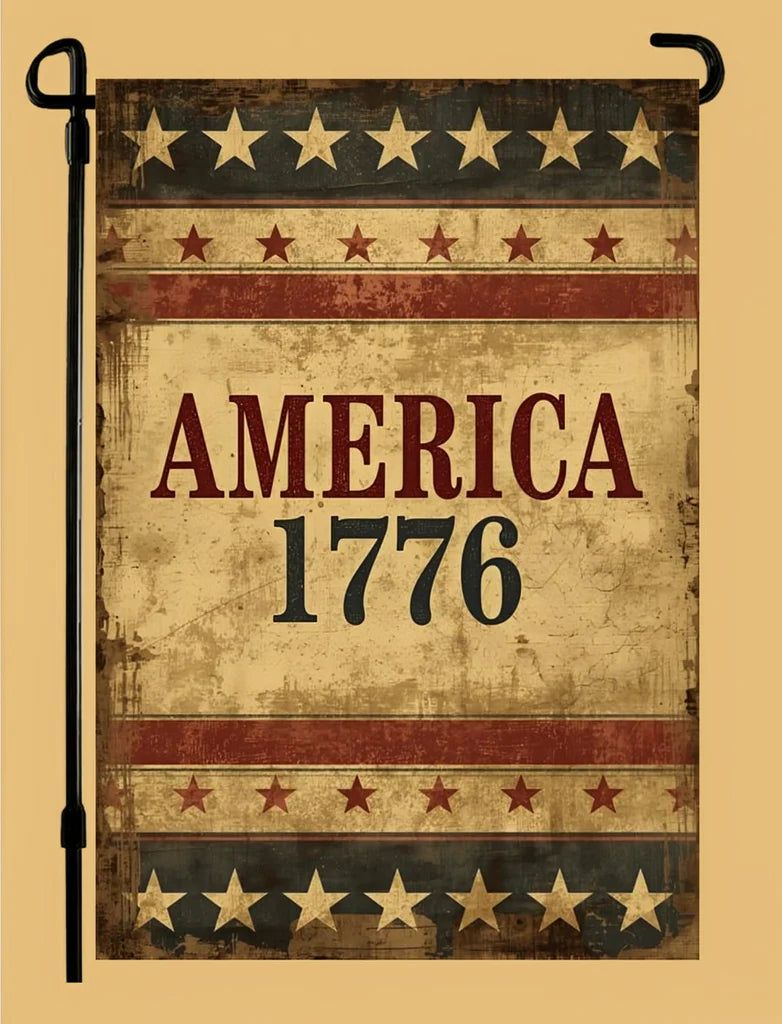 Decorative flag with 'America 1776' text and star patterns on a beige background
