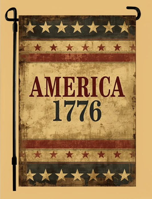 Decorative flag with 'America 1776' text and star patterns on a beige background