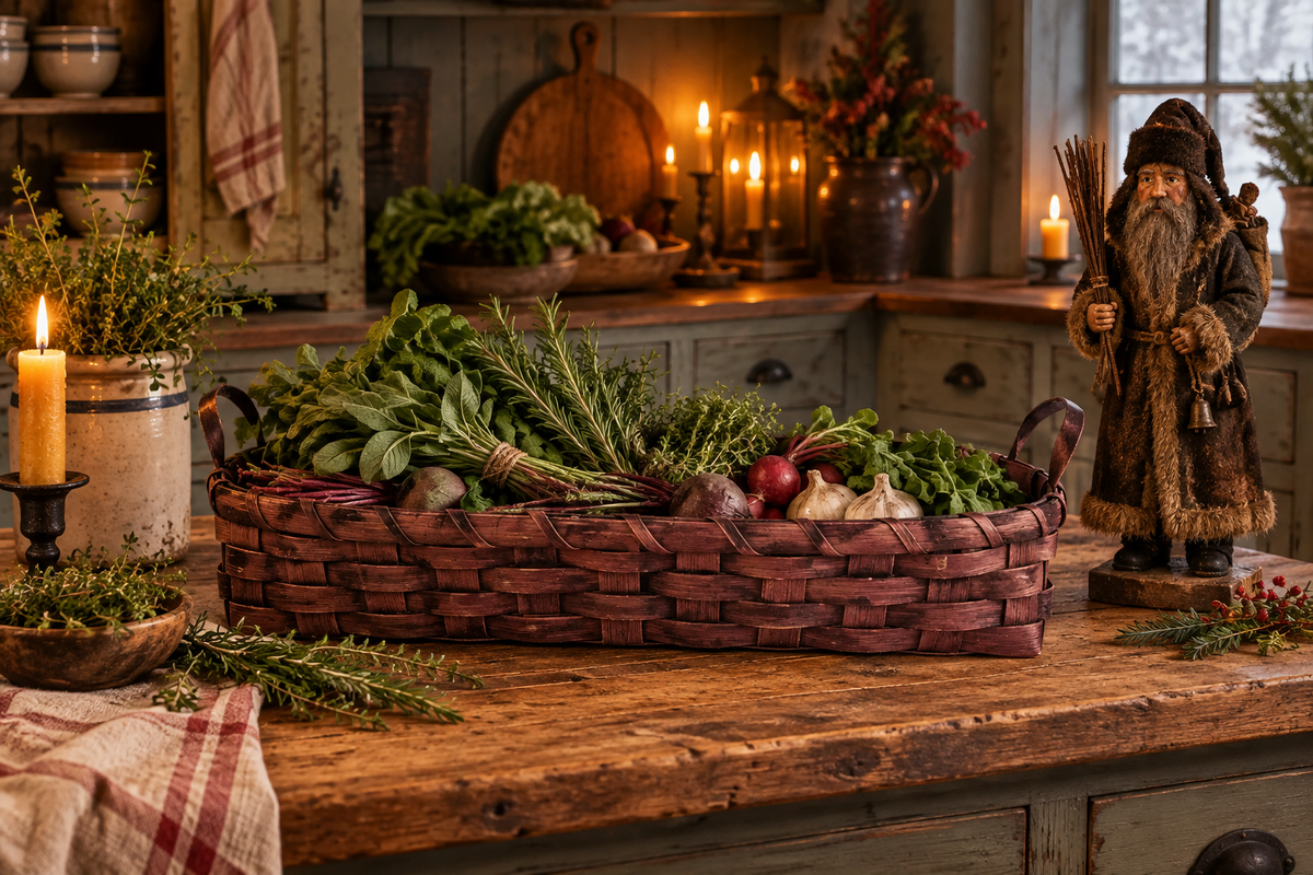 Basket of herbs and vegetables on a primitive kitchen table.