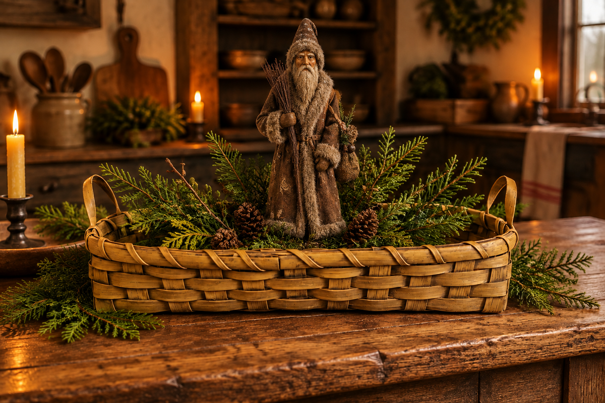 Basket tray with fresh evergreens and a Belsnickel on a primitive kitchen table.