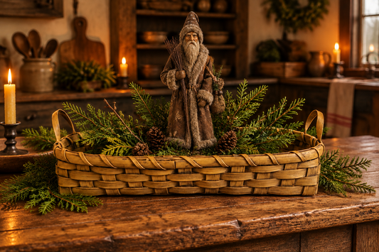 Basket tray with fresh evergreens and a Belsnickel on a primitive kitchen table.