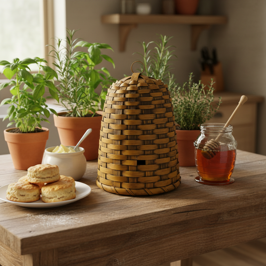 Woven bee skep on a wooden table with honey, biscuits, and plants.