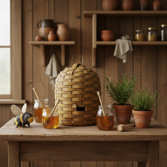 Woven bee skep on a wooden table with honey jars and a bee figurine in a rustic setting.