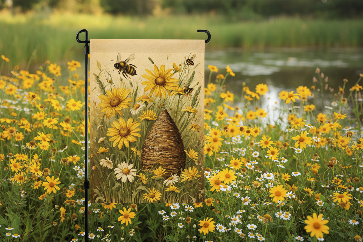 Decorative garden flag with a beehive and flowers in a field of yellow and white flowers.