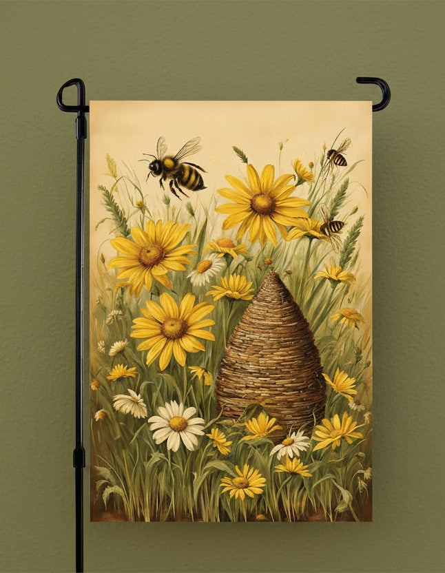 Decorative garden flag with bees, flowers, and a beehive on a beige background.