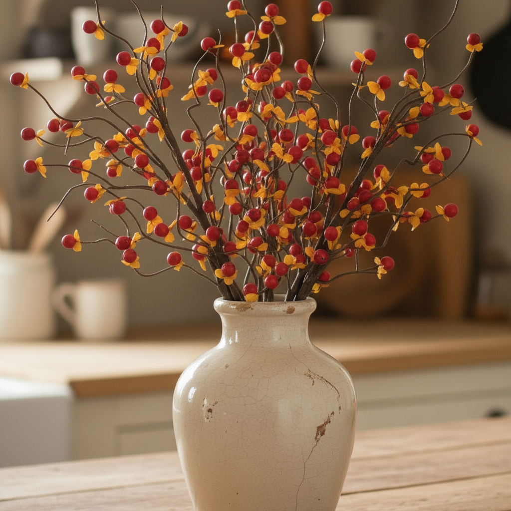 Decorative vase with artificial berries on a wooden surface