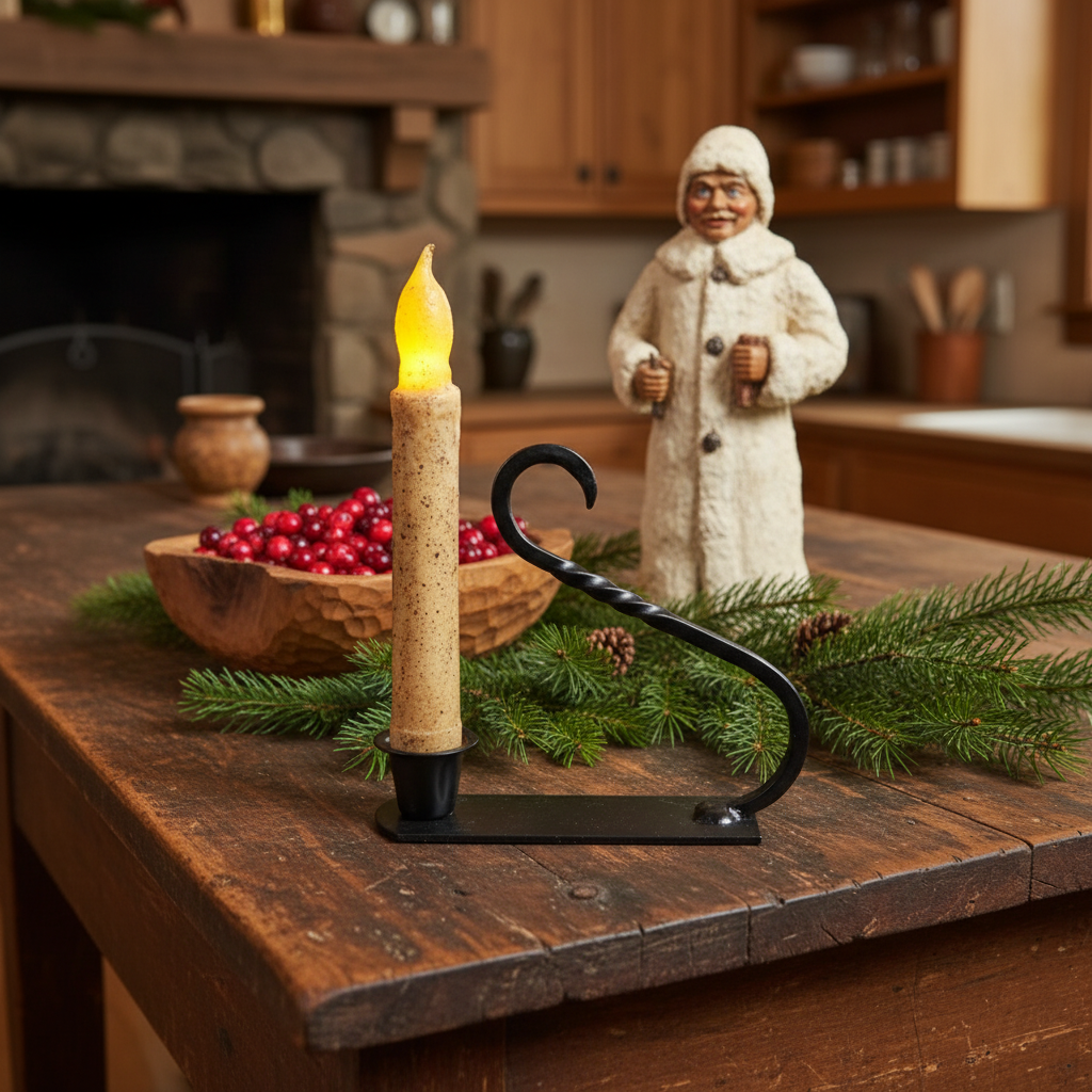 Decorative candle holder with a lit candle on a wooden table with Christmas decorations.