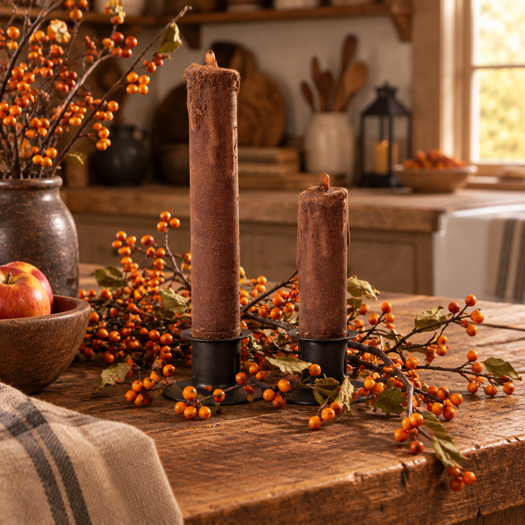 Two rustic brown taper candles in black metal holders on a wooden table, surrounded by orange berry branches in a warm, autumnal kitchen setting.